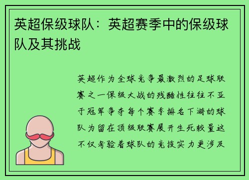 英超保级球队：英超赛季中的保级球队及其挑战