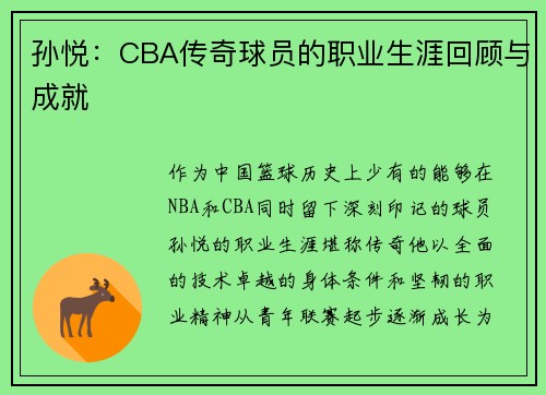 孙悦：CBA传奇球员的职业生涯回顾与成就