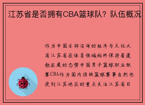 江苏省是否拥有CBA篮球队？队伍概况